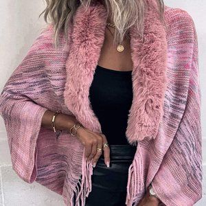 Heathered Faux Fur Trim Fringed Poncho